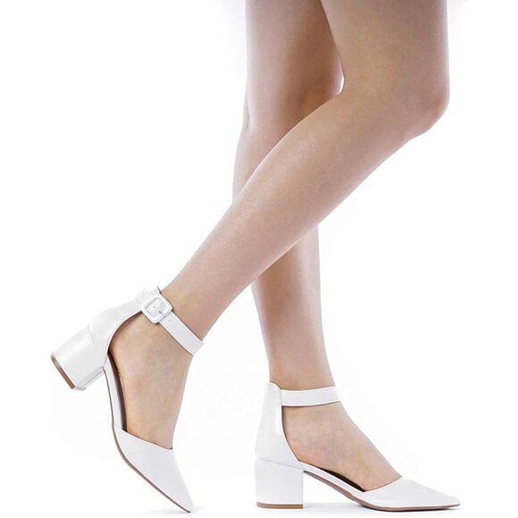 🆕 Women White Chunky Closed Toe Low Block Heels Dress Pointed Ankle Strap Pump - Picture 5 of 9